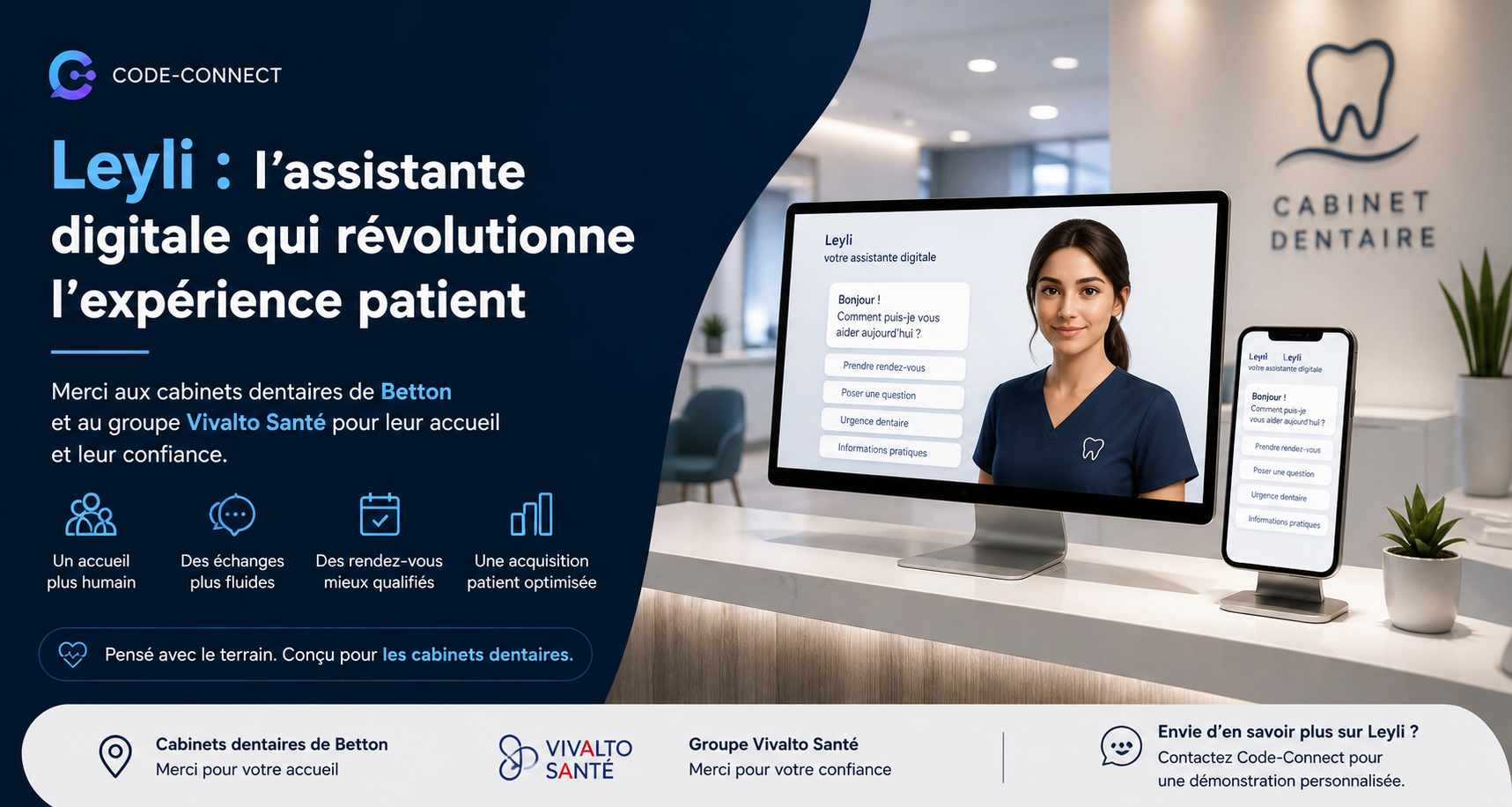 Code-Connect et Leyli : merci aux cabinets dentaires de Betton et au groupe Vivalto Santé pour leur accueil